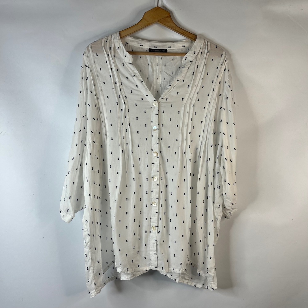 Club Z Collection Blouse Women 3X White Black Printed Pleated Roll Tab Tunic